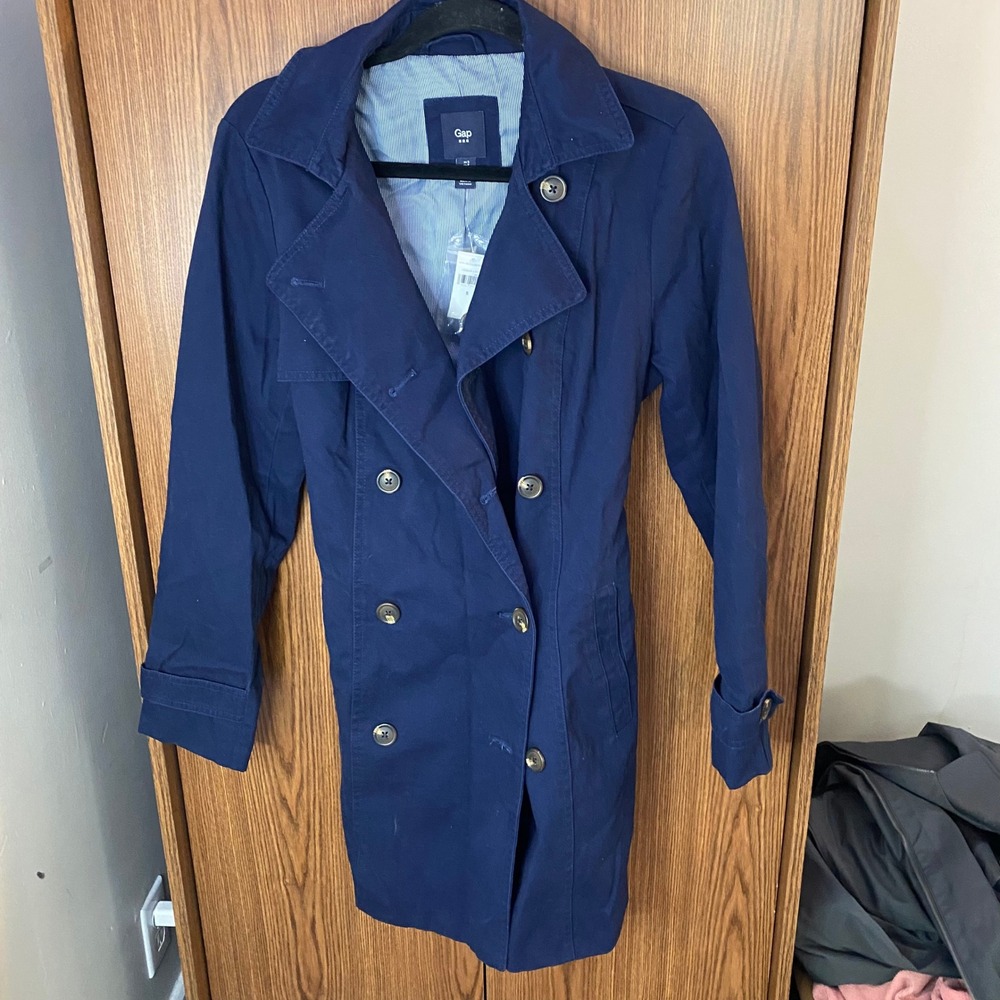 Gap Trench Coat Womens Small Navy Blue Belted Double Breasted Cotton Jacket‎